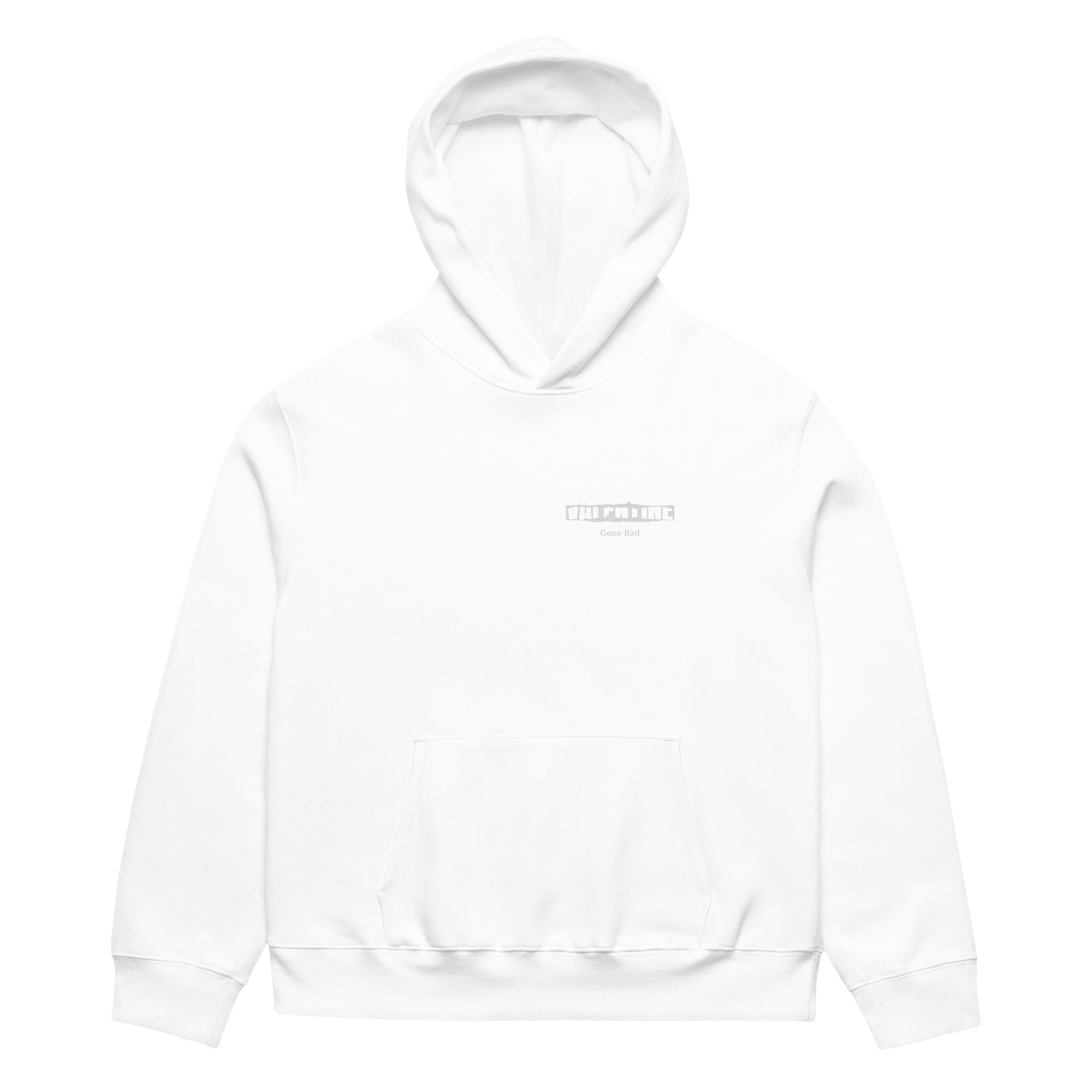 White streetwear oversize hoodie featuring “Valentine Gone Bad” distressed graphic design on front