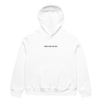 White women’s oversized hoodie with “More Than You See” front slogan, modern women’s streetwear hoodie product photo for online store.