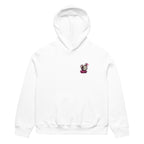 front view oversized white graphic streetwear hoodie minimal chest logo streetwear fashion
