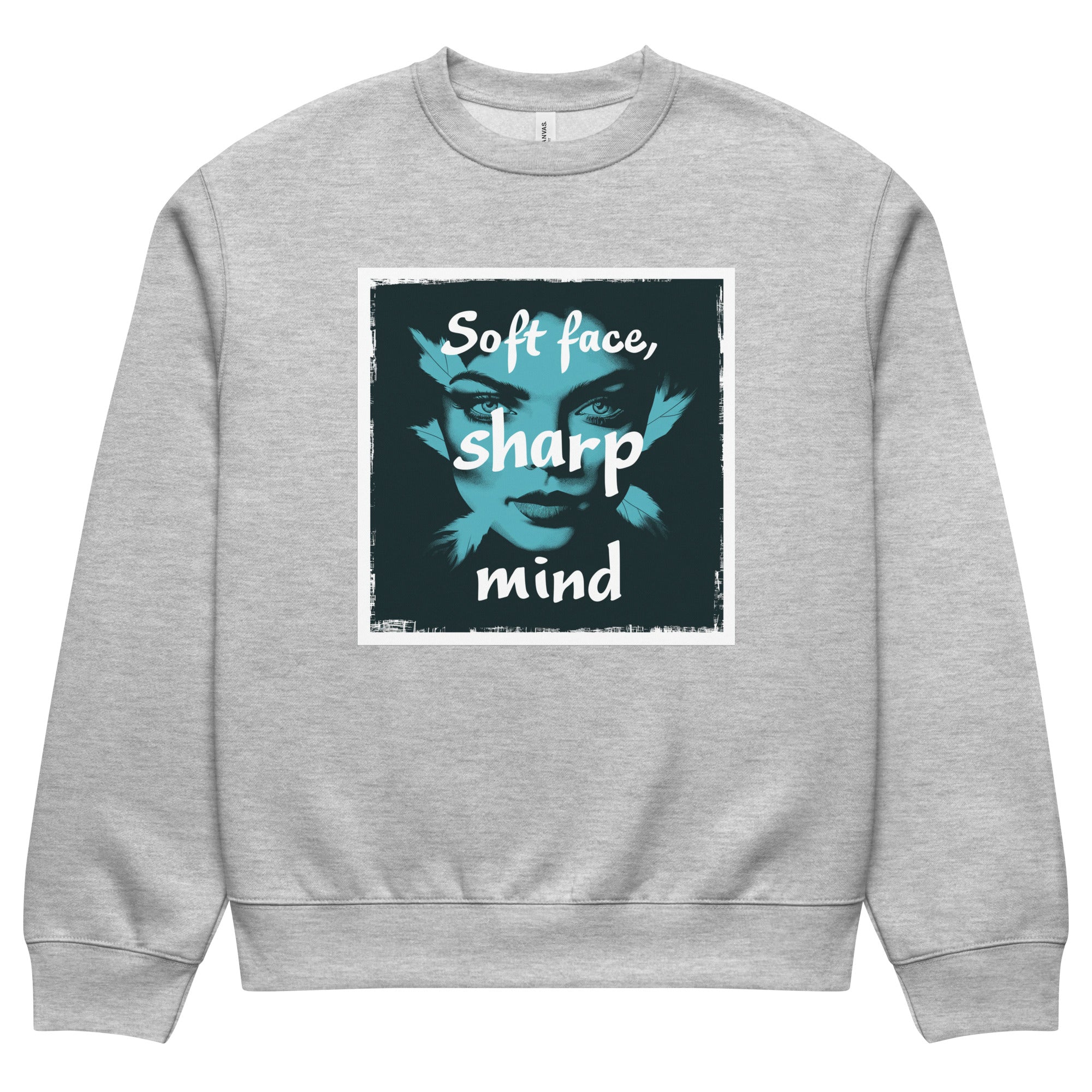 Oversized athletic heather streetwear crewneck sweatshirt with teal portrait graphic and soft face sharp mind typography design, front view
