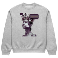 Athletic heather unisex streetwear sweatshirt with graphic portrait design and “Beyond Average” statement, front view.
