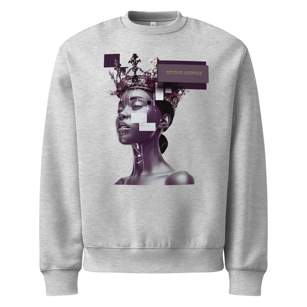 Athletic heather unisex streetwear sweatshirt with graphic portrait design and “Beyond Average” statement, front view.