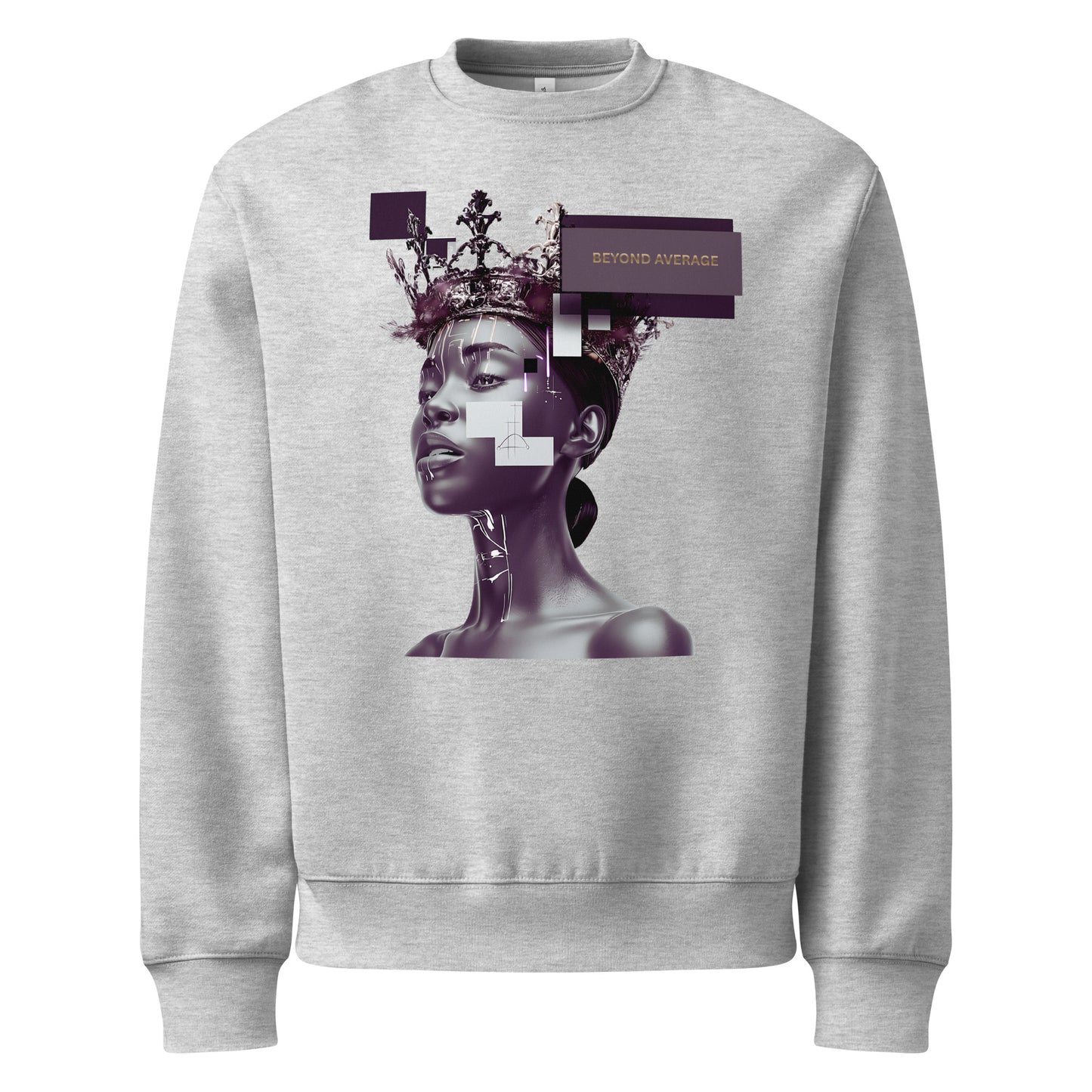 Athletic heather unisex streetwear sweatshirt with graphic portrait design and “Beyond Average” statement, front view.
