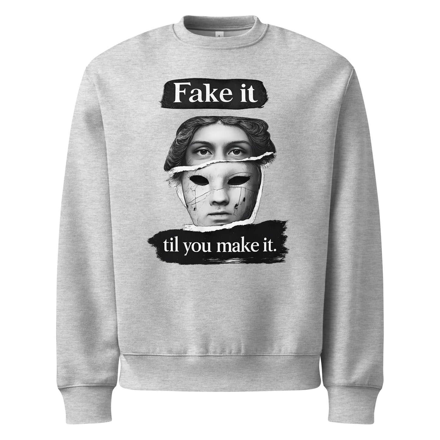 Grey unisex sweatshirt front view with graphic portrait design and “Fake it til you make it” typography, urban streetwear crewneck