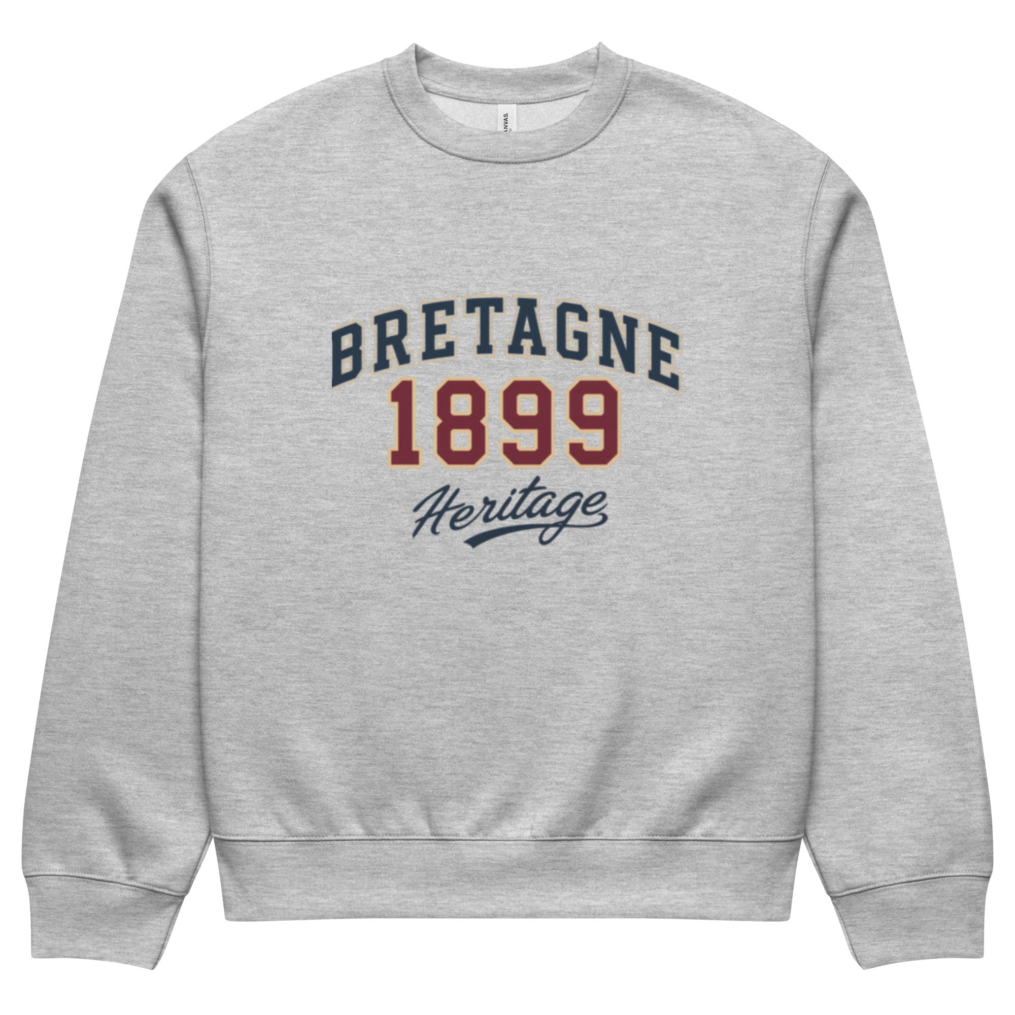 unisex sweatshirt front view with “Bretagne 1899 Heritage” vintage typography graphic