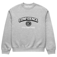 athletic heather gray unisex sweatshirt front view with confidence fits everything text design
