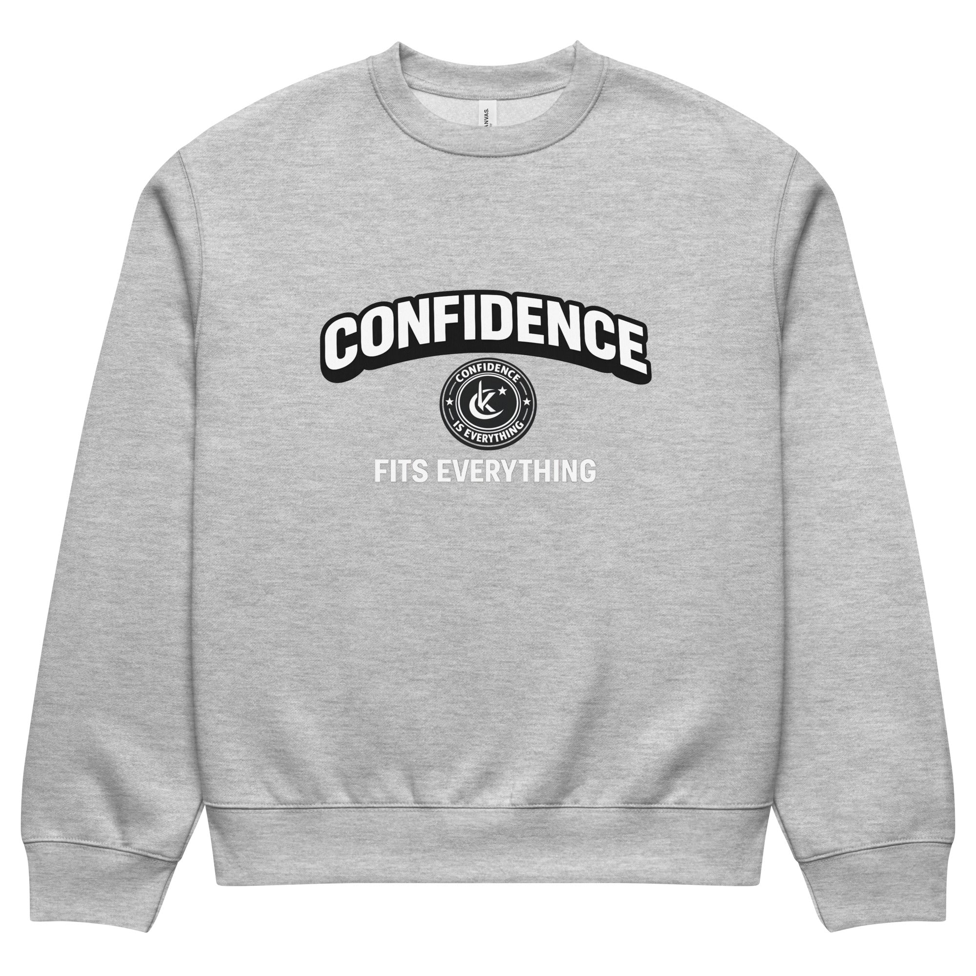 athletic heather gray unisex sweatshirt front view with confidence fits everything text design
