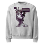 Light gray oversized women’s sweatshirt featuring purple illustrated portrait graphic, casual urban fashion design.