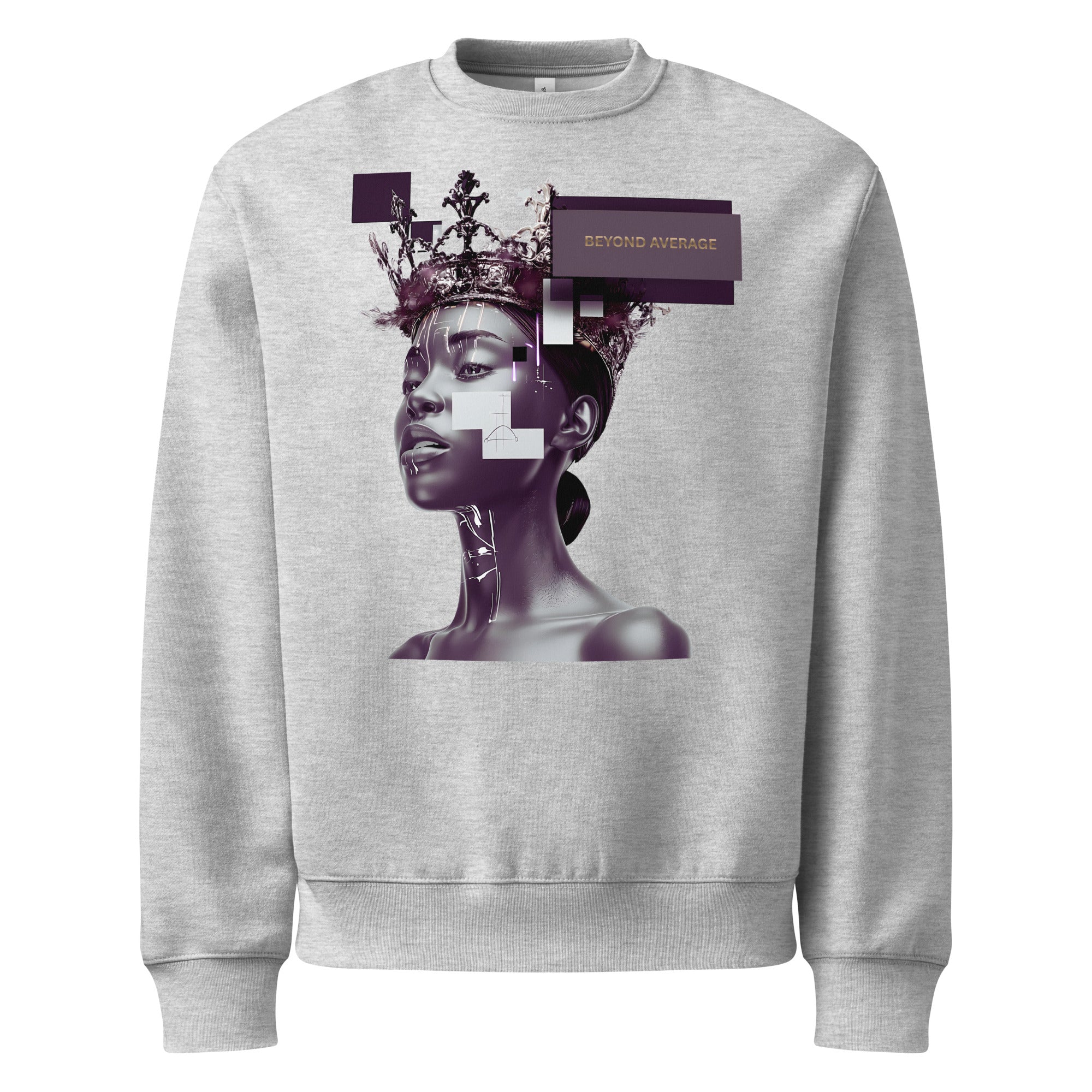 Light gray oversized women’s sweatshirt featuring purple illustrated portrait graphic, casual urban fashion design.
