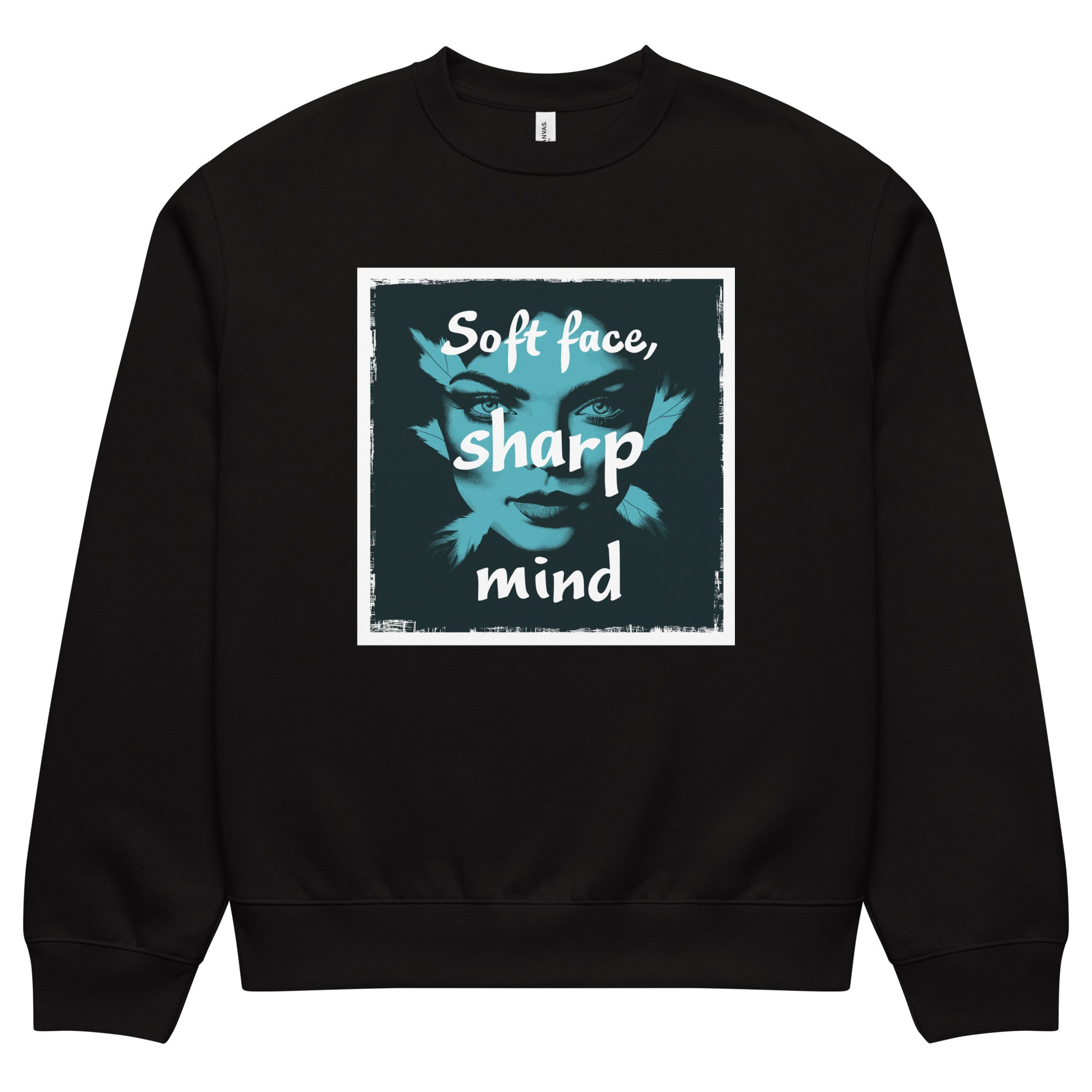 Oversized black streetwear crewneck sweatshirt with teal portrait graphic and soft face sharp mind typography design, front view