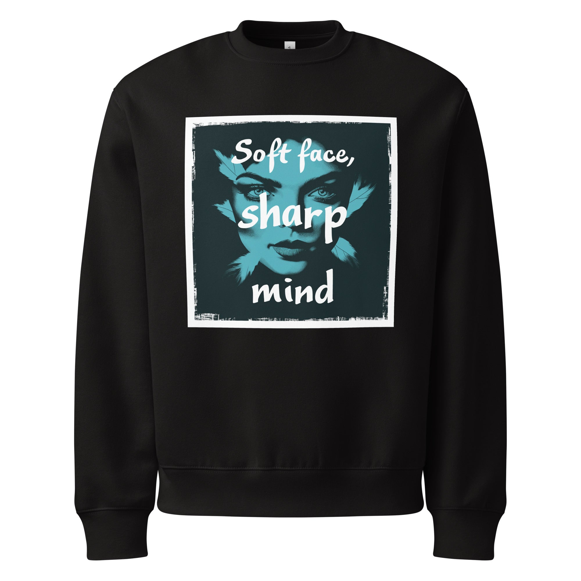 Oversized black streetwear crewneck sweatshirt with teal portrait graphic and soft face sharp mind typography design, front view