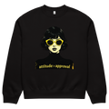 Black unisex sweatshirt with illustrated female face and “attitude over approval” text design