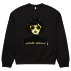 Black unisex sweatshirt with illustrated female face and “attitude over approval” text design