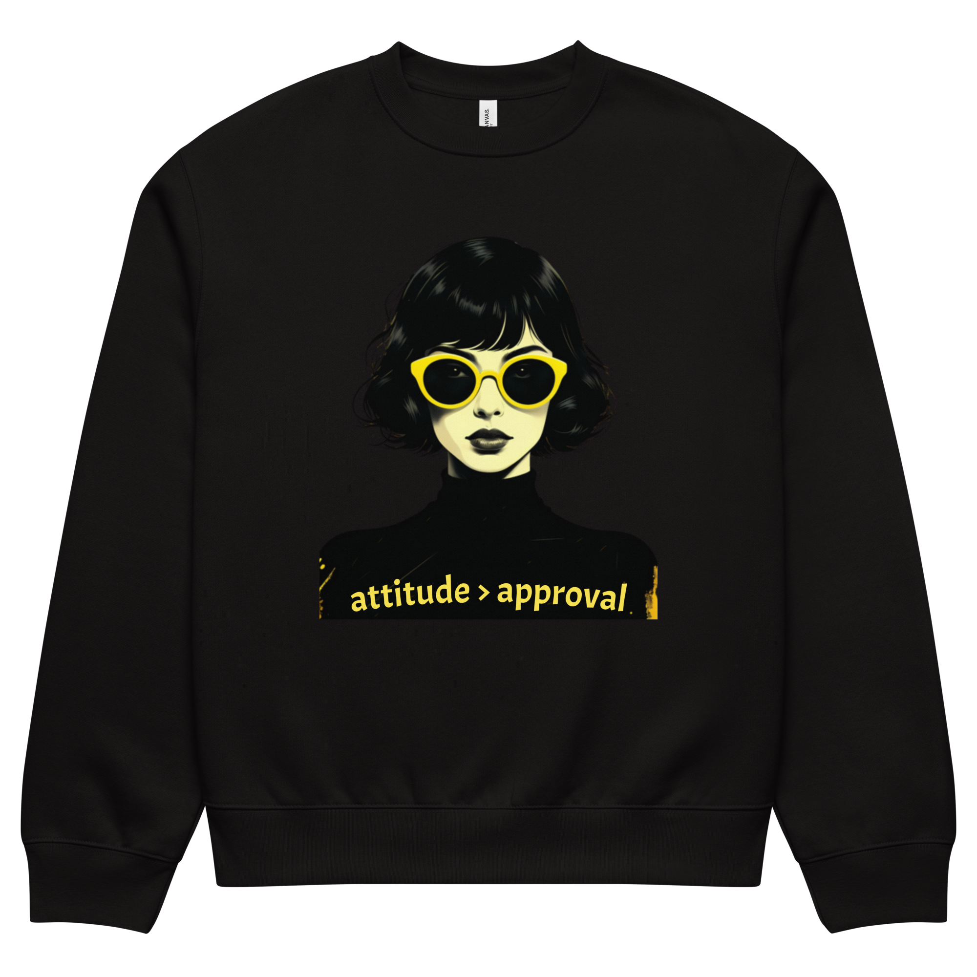 Black unisex sweatshirt with illustrated female face and “attitude over approval” text design
