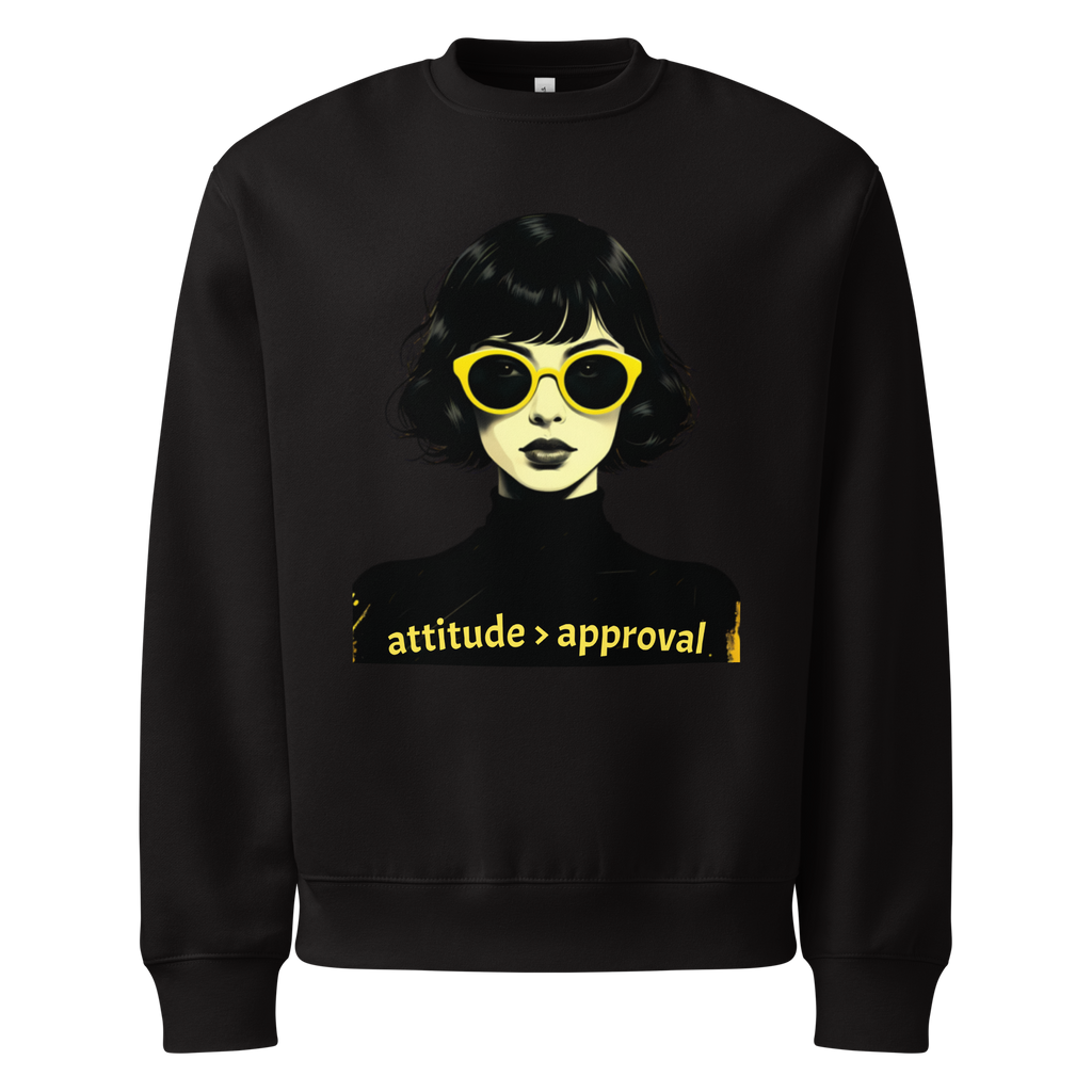 Black unisex sweatshirt with illustrated female face and “attitude over approval” text design