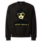 Black unisex sweatshirt with illustrated female face and “attitude over approval” text design