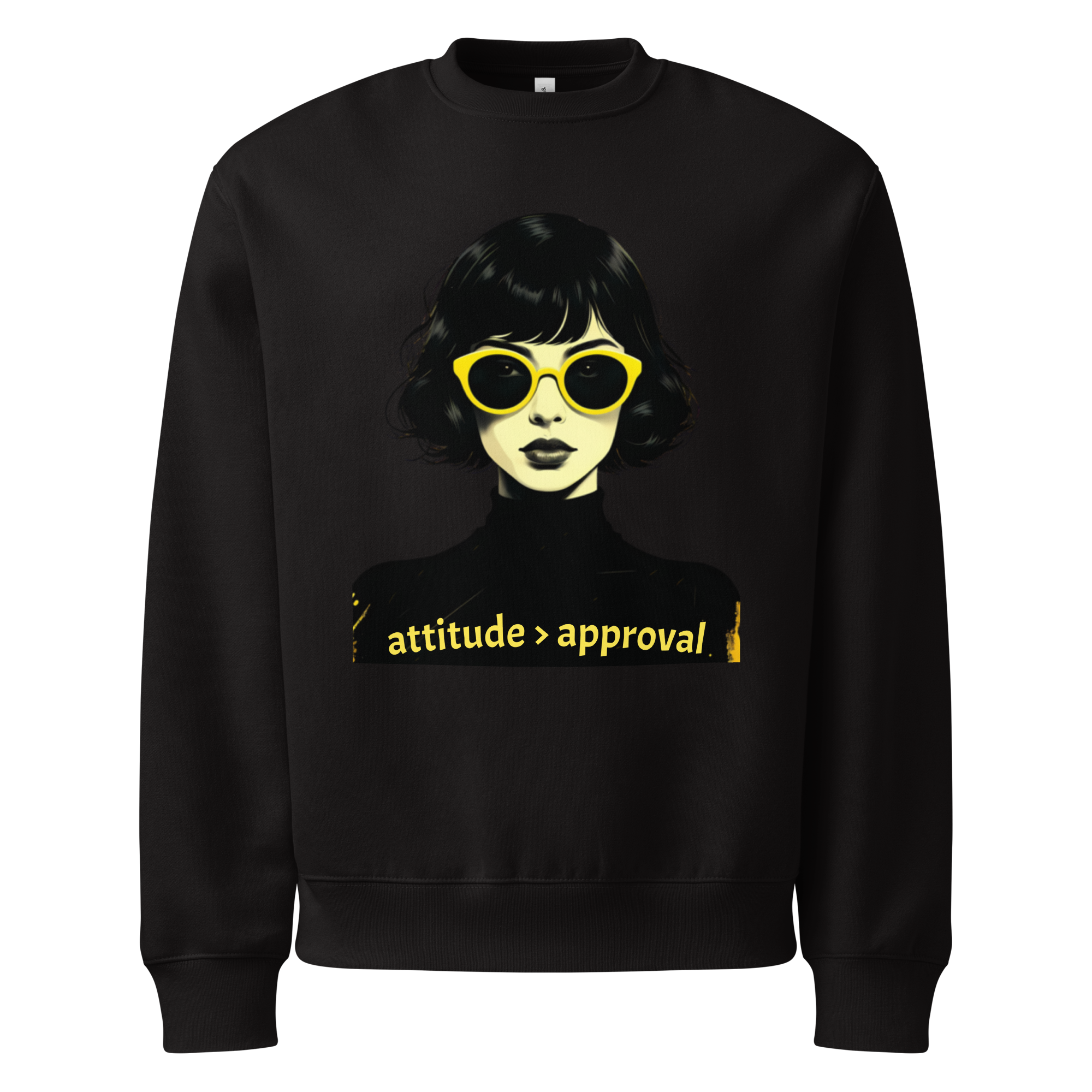 Black unisex sweatshirt with illustrated female face and “attitude over approval” text design