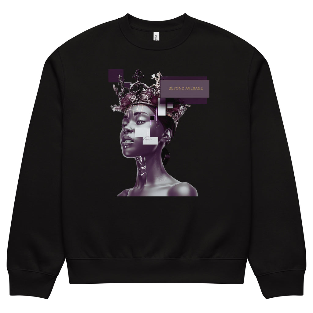 Black unisex streetwear sweatshirt with graphic portrait design and “Beyond Average” statement, front view.