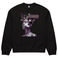 Black unisex streetwear sweatshirt with graphic portrait design and “Beyond Average” statement, front view.