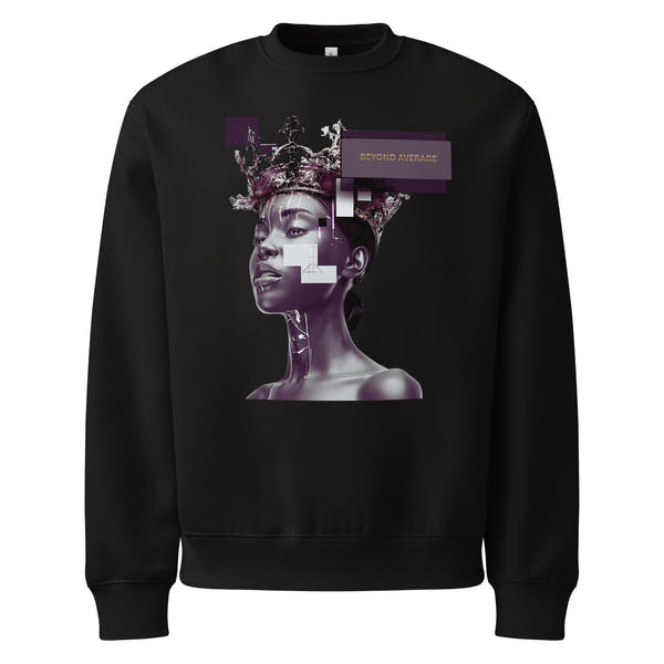 Black unisex streetwear sweatshirt with graphic portrait design and “Beyond Average” statement, front view.