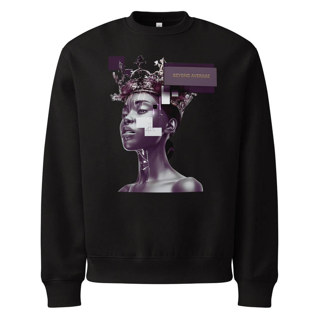 Black unisex streetwear sweatshirt with graphic portrait design and “Beyond Average” statement, front view.