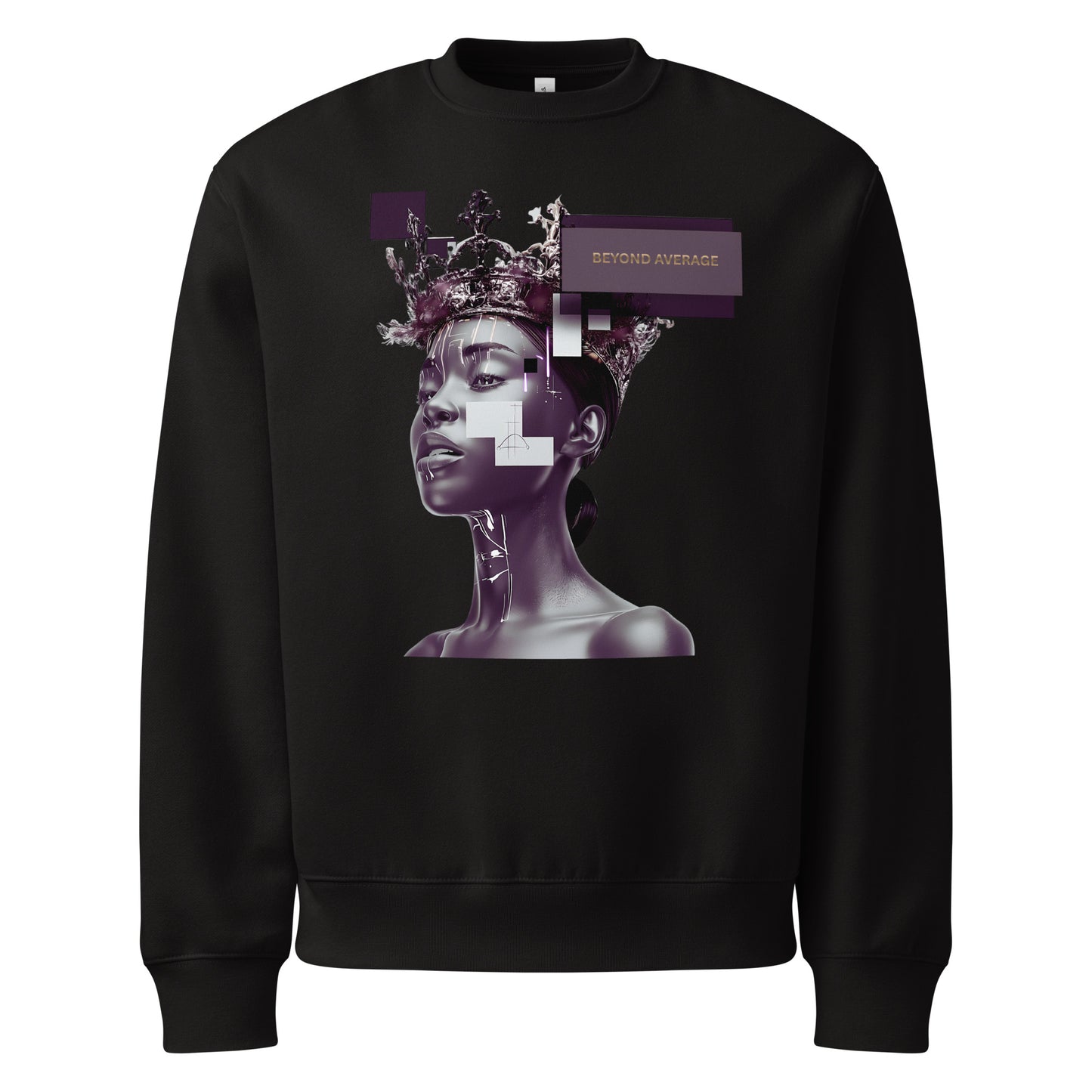 Black unisex streetwear sweatshirt with graphic portrait design and “Beyond Average” statement, front view.