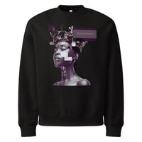 Black unisex streetwear sweatshirt with graphic portrait design and “Beyond Average” statement, front view.