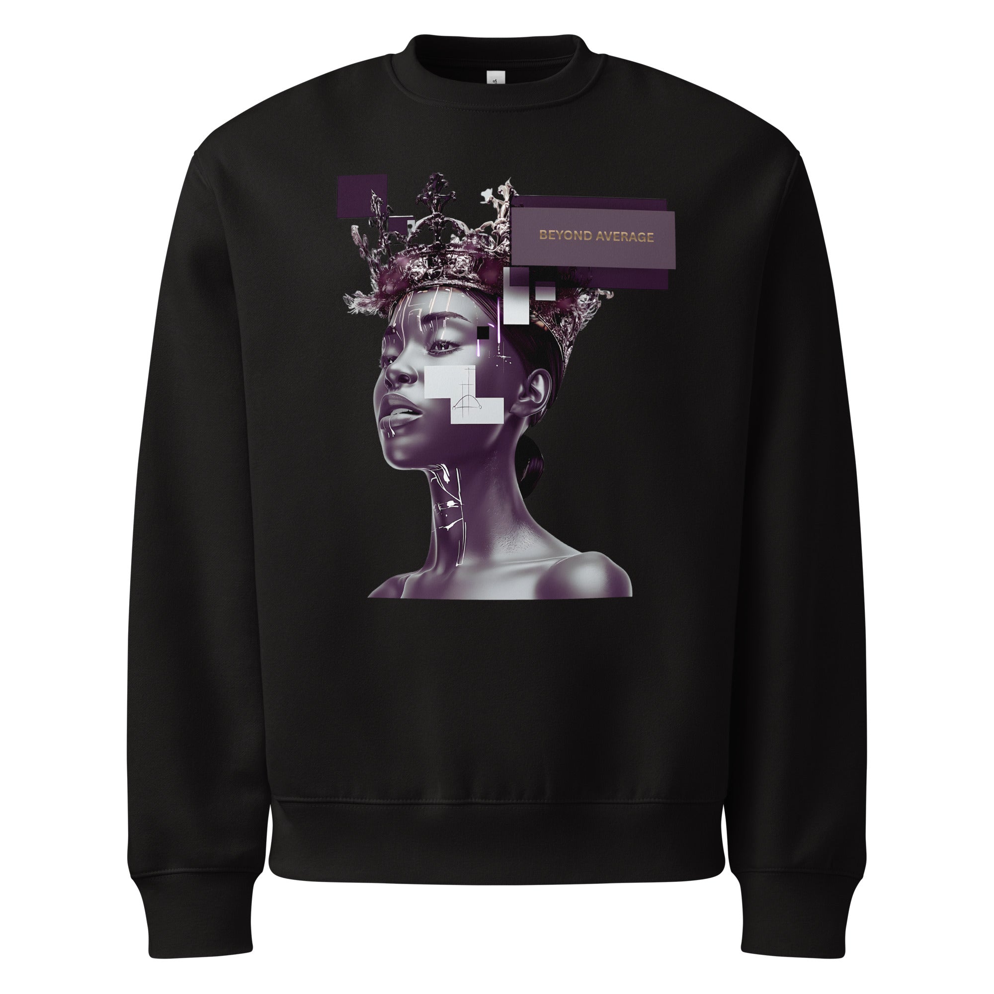 Black unisex streetwear sweatshirt with graphic portrait design and “Beyond Average” statement, front view.
