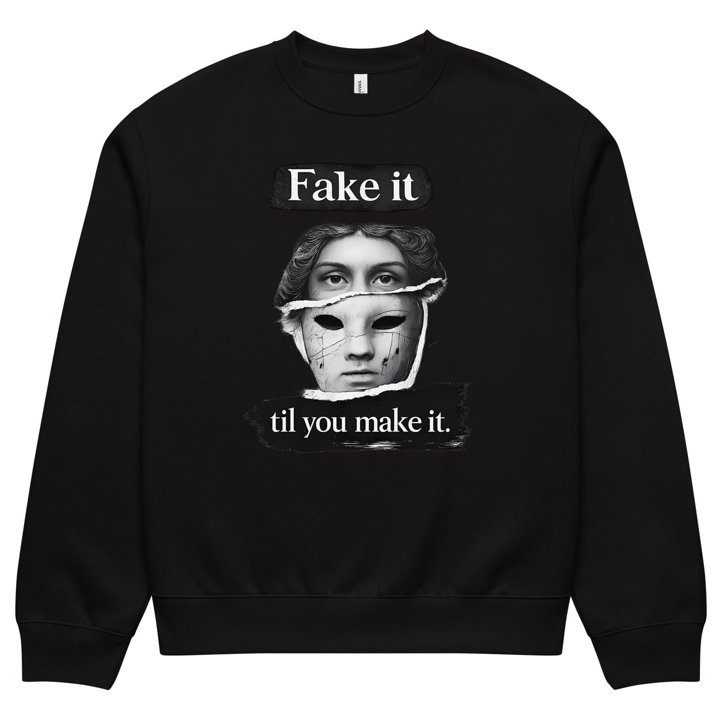 Black unisex sweatshirt front view with illustrated face graphic and “Fake it til you make it” slogan, modern streetwear crewneck