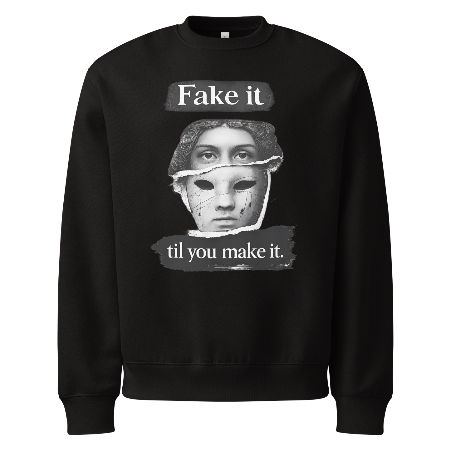 Black unisex sweatshirt front view with illustrated face graphic and “Fake it til you make it” slogan, modern streetwear crewneck