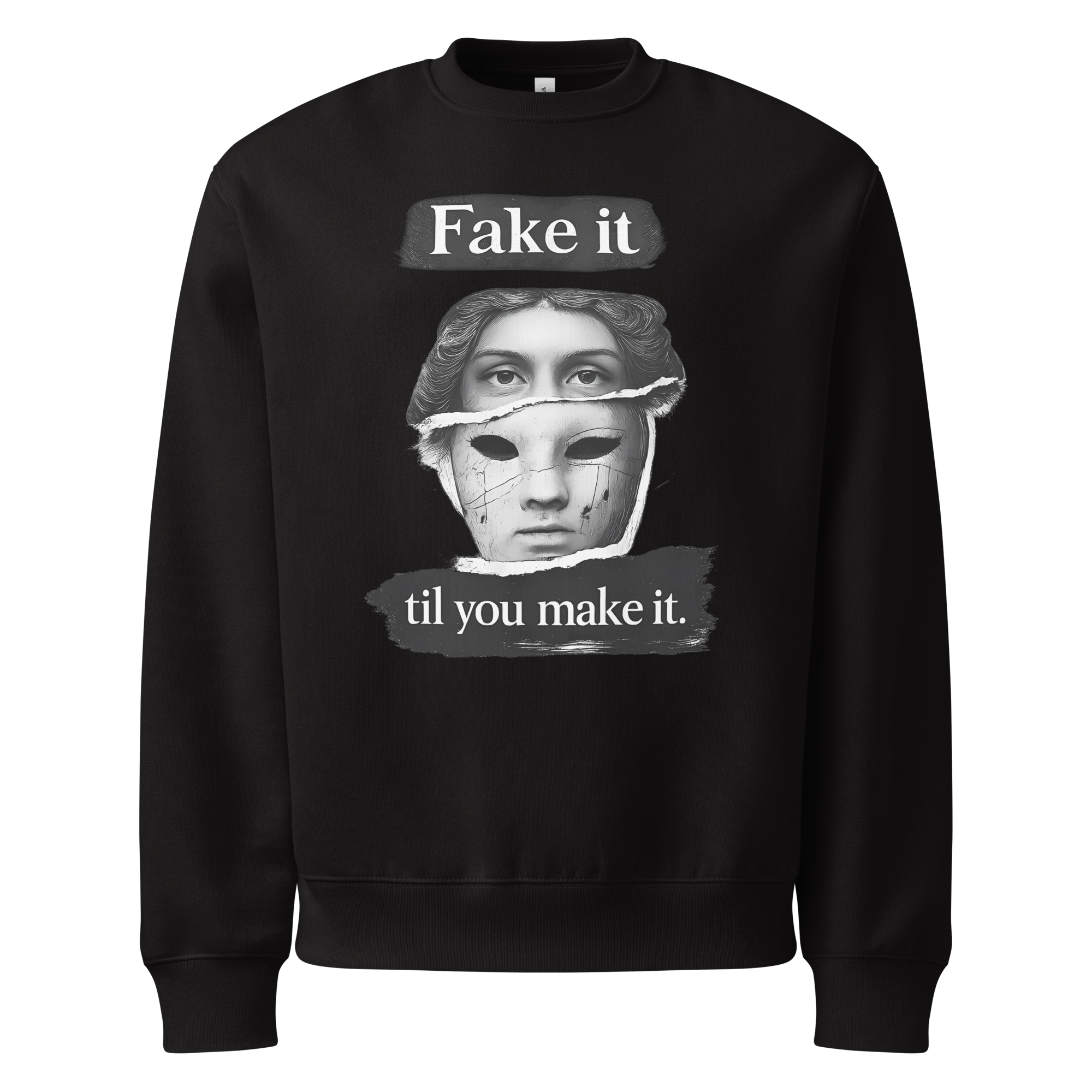 Black unisex sweatshirt front view with illustrated face graphic and “Fake it til you make it” slogan, modern streetwear crewneck