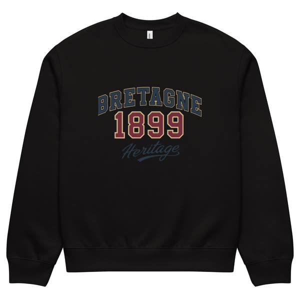 unisex sweatshirt front view with “Bretagne 1899 Heritage” vintage typography graphic