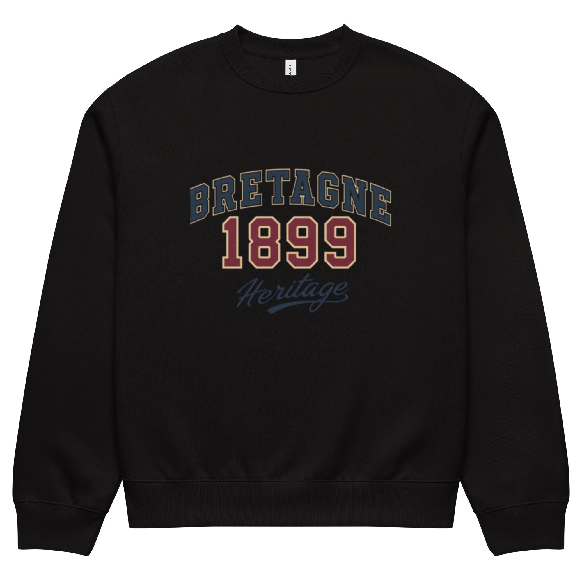unisex sweatshirt front view with “Bretagne 1899 Heritage” vintage typography graphic