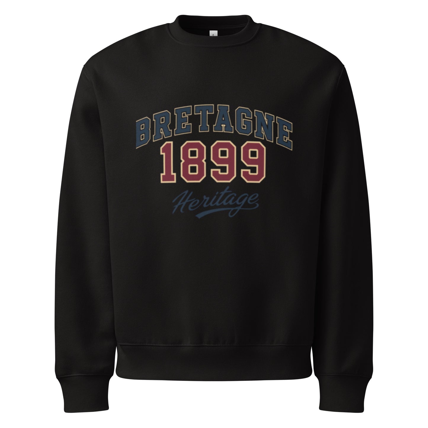 unisex sweatshirt front view with “Bretagne 1899 Heritage” vintage typography graphic