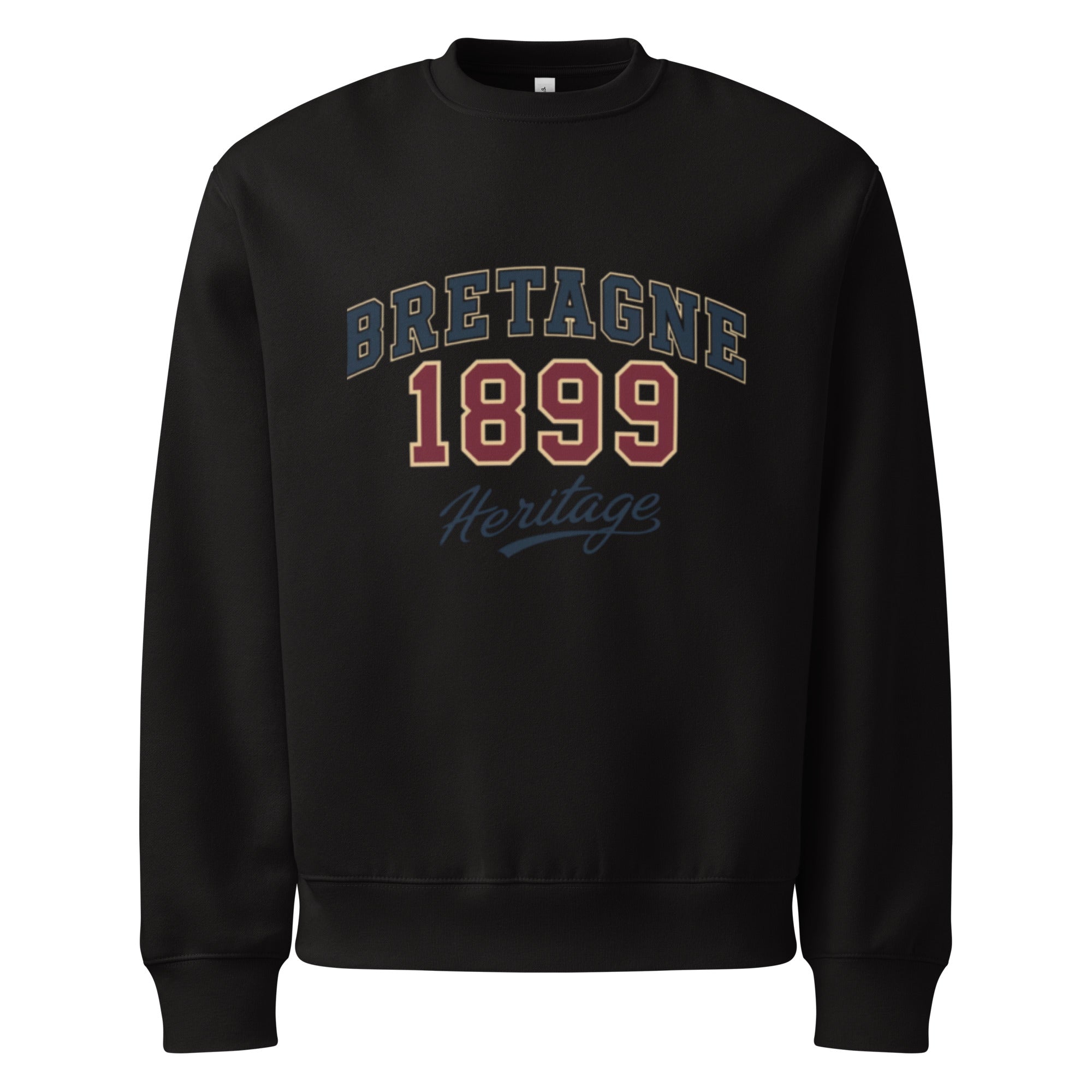 unisex sweatshirt front view with “Bretagne 1899 Heritage” vintage typography graphic