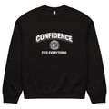 black unisex sweatshirt front view with confidence fits everything typography print
