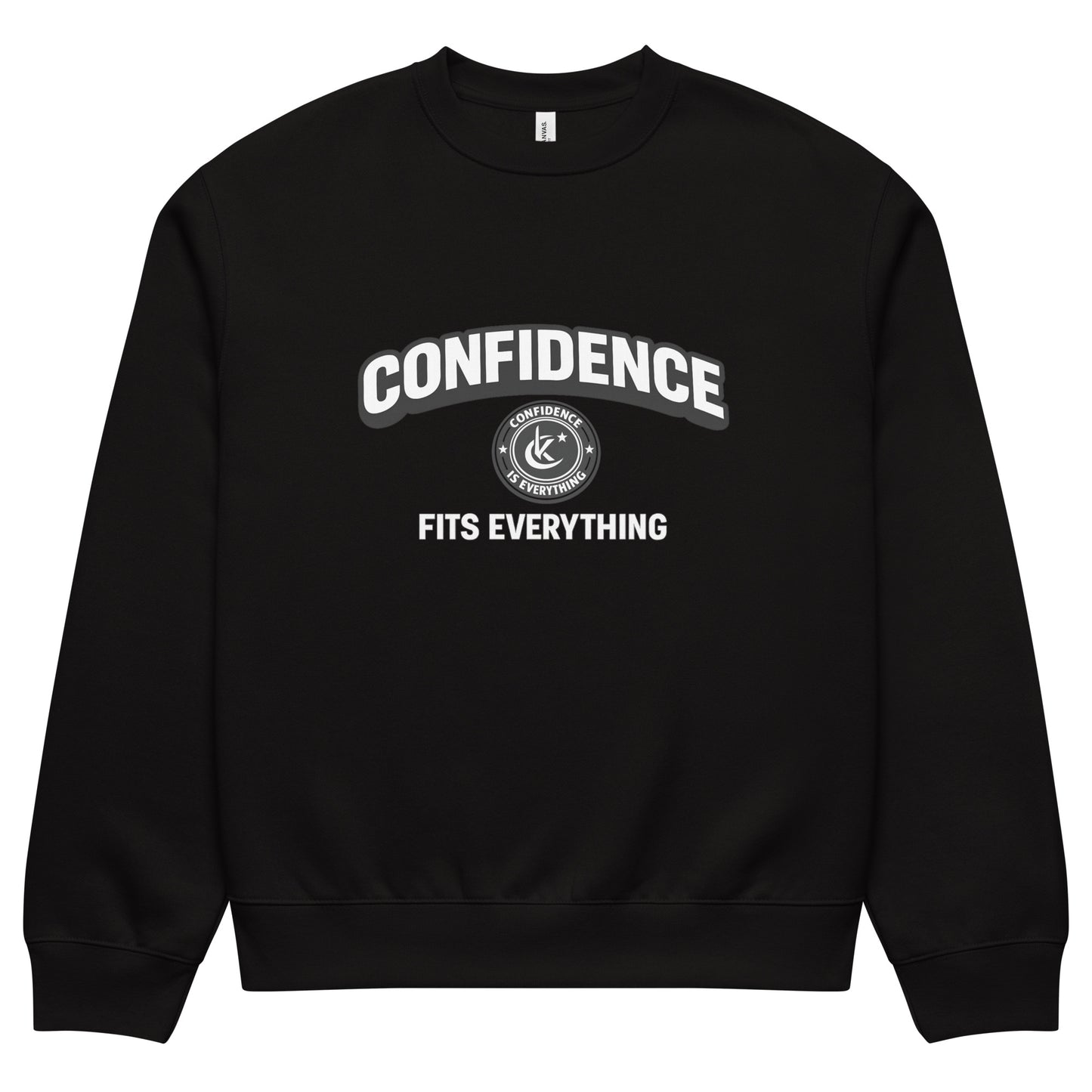 black unisex sweatshirt front view with confidence fits everything typography print
