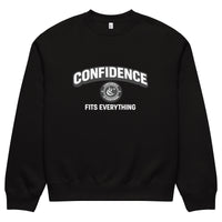 black unisex sweatshirt front view with confidence fits everything typography print
