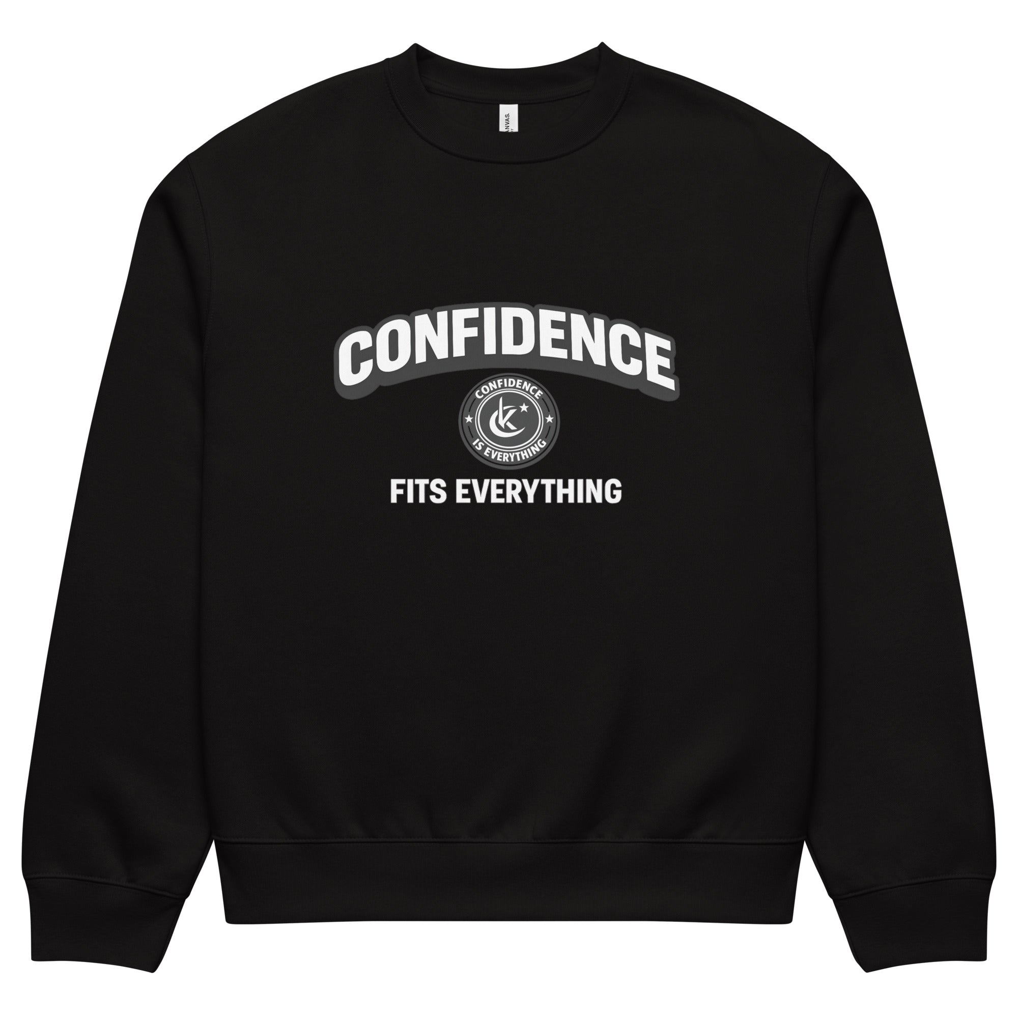 black unisex sweatshirt front view with confidence fits everything typography print
