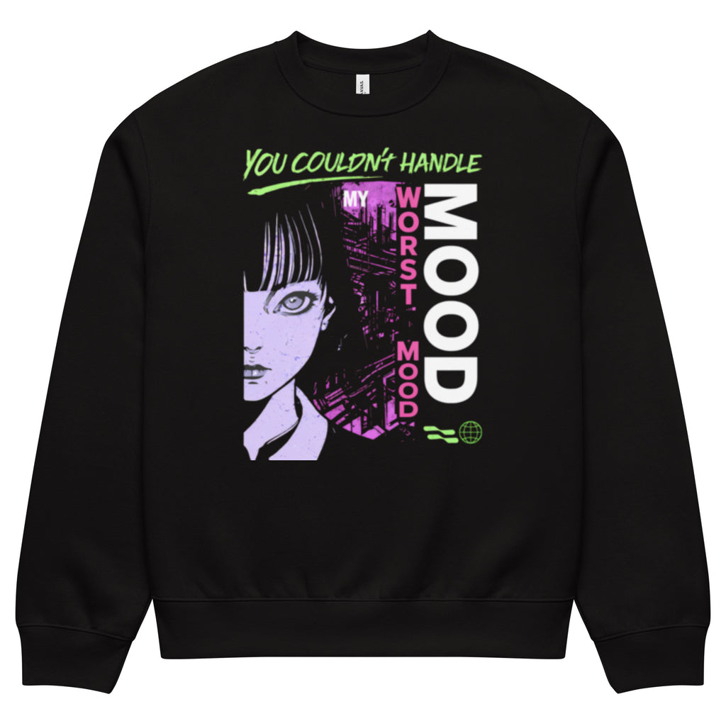 Oversized black streetwear crewneck sweatshirt with anime girl portrait and worst mood neon typography graphic in purple and green, front view