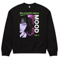 Oversized black streetwear crewneck sweatshirt with anime girl portrait and worst mood neon typography graphic in purple and green, front view