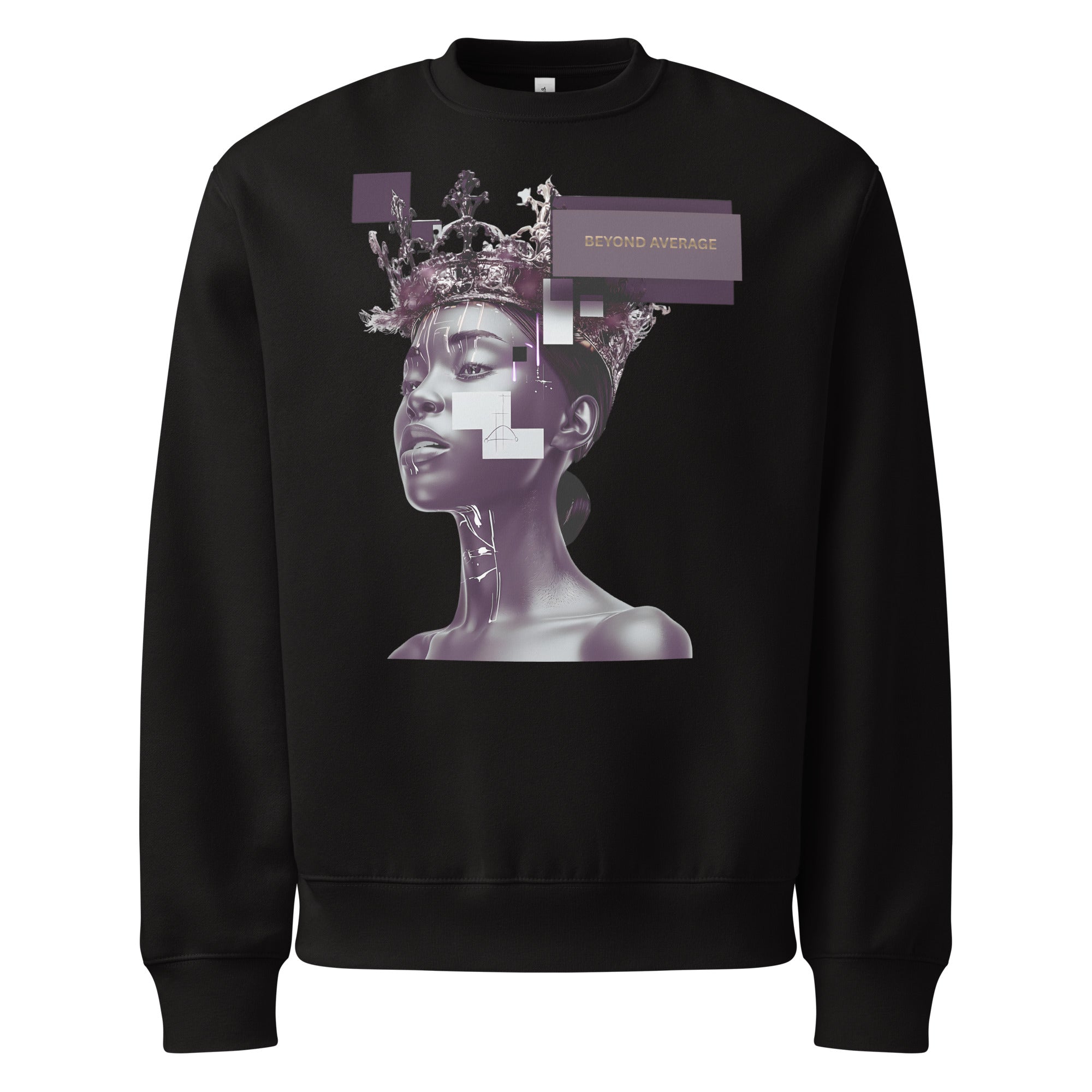 Black oversized women’s sweatshirt with bold purple graphic artwork print, edgy contemporary streetwear style.