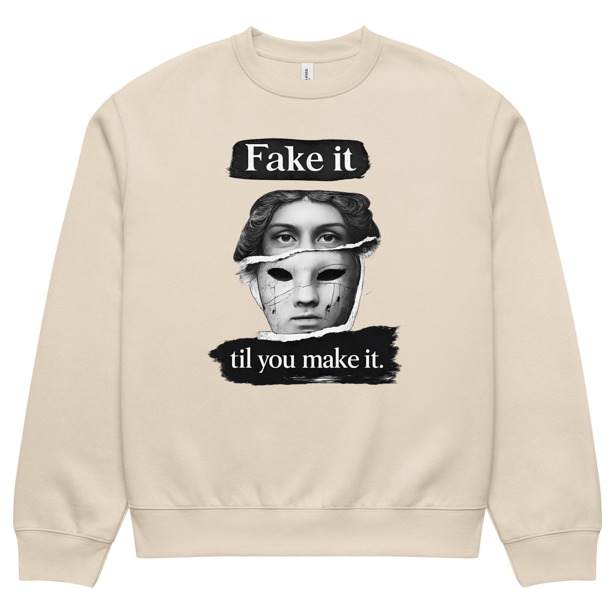 Beige unisex sweatshirt front view with bold illustrated face print and motivational slogan, contemporary streetwear style