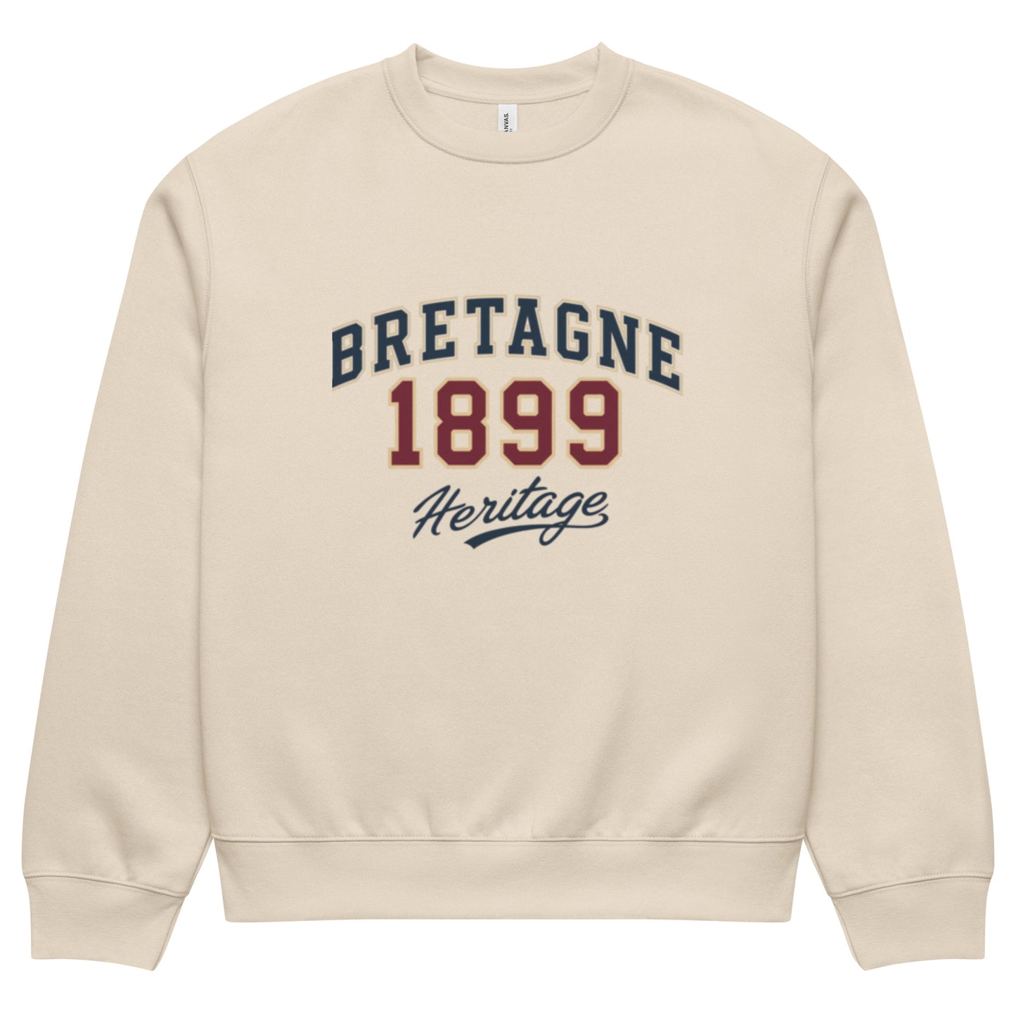 unisex sweatshirt front view with “Bretagne 1899 Heritage” vintage typography graphic