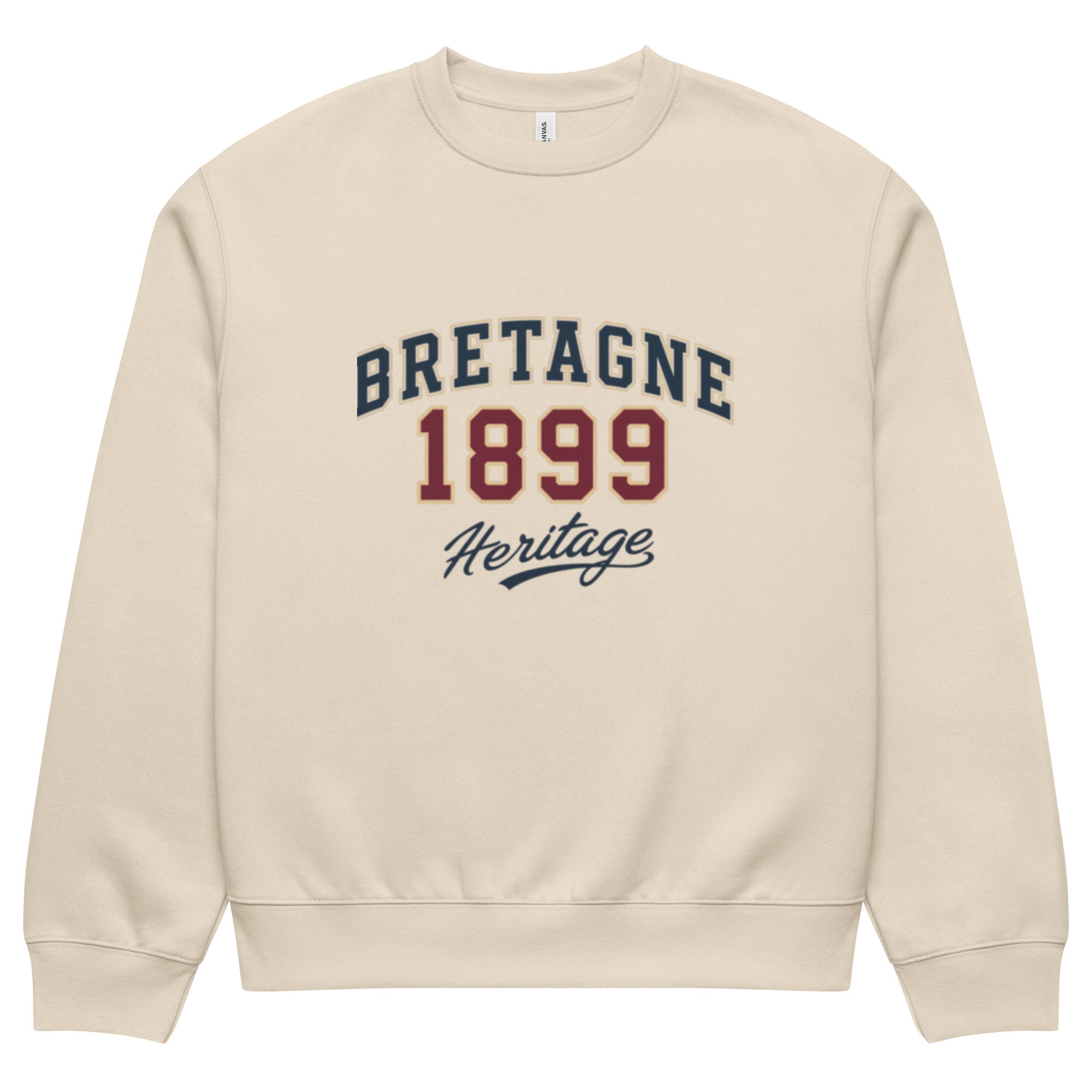 unisex sweatshirt front view with “Bretagne 1899 Heritage” vintage typography graphic