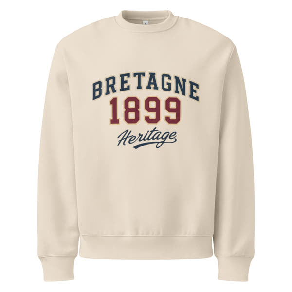 unisex sweatshirt front view with “Bretagne 1899 Heritage” vintage typography graphic