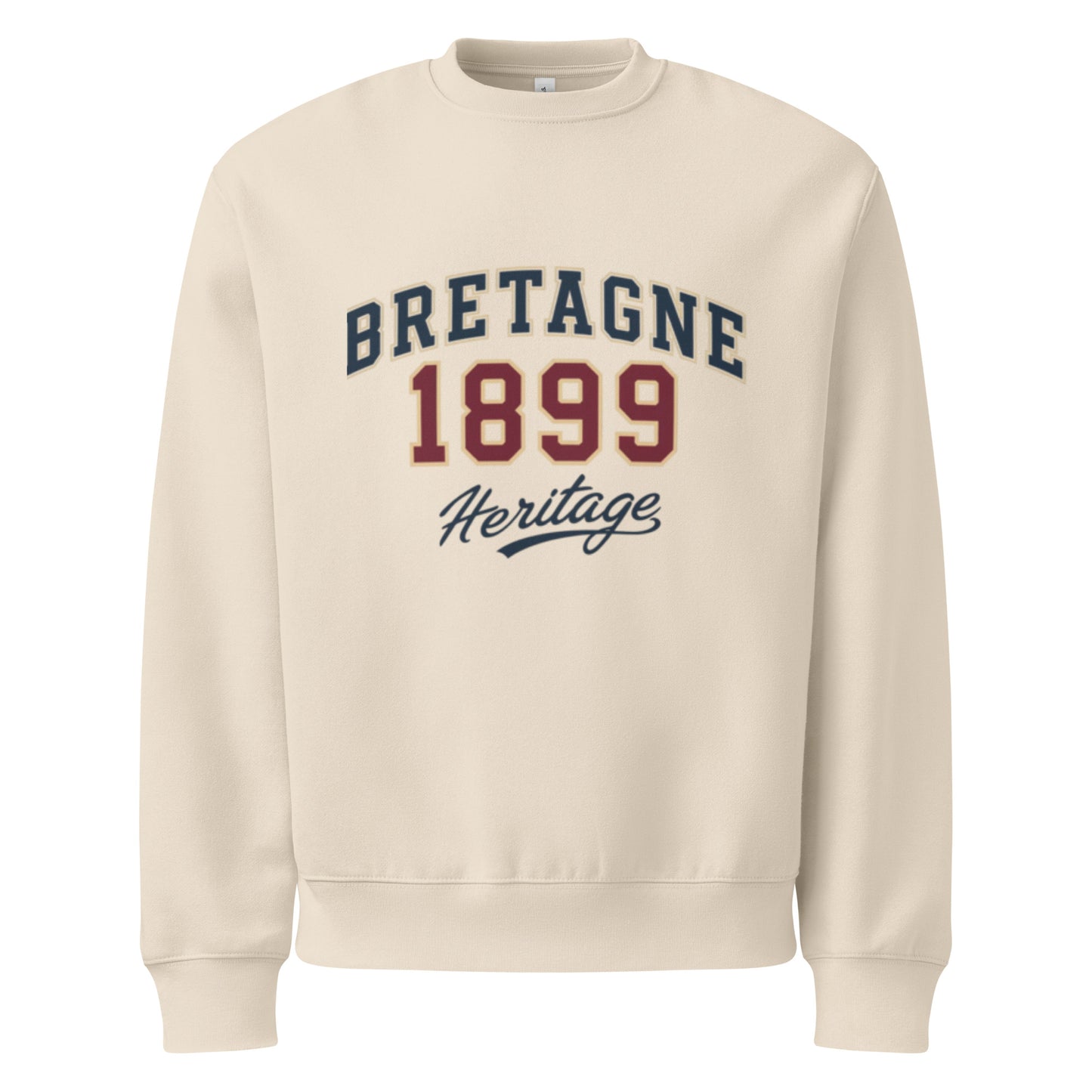 unisex sweatshirt front view with “Bretagne 1899 Heritage” vintage typography graphic
