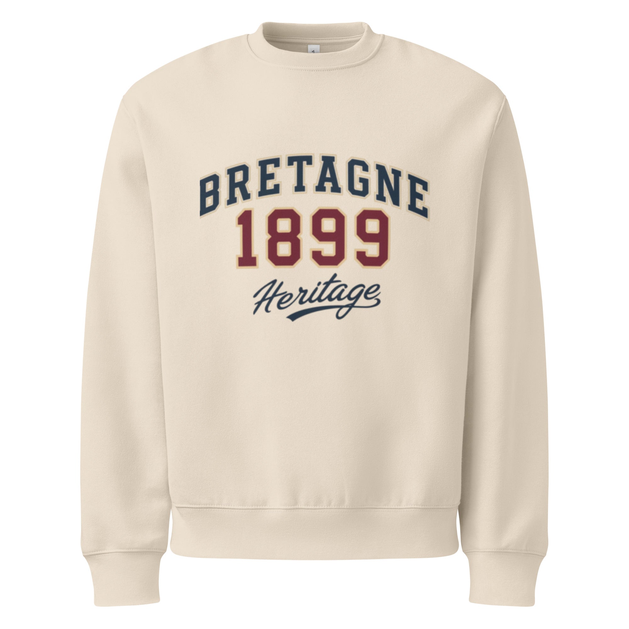 unisex sweatshirt front view with “Bretagne 1899 Heritage” vintage typography graphic