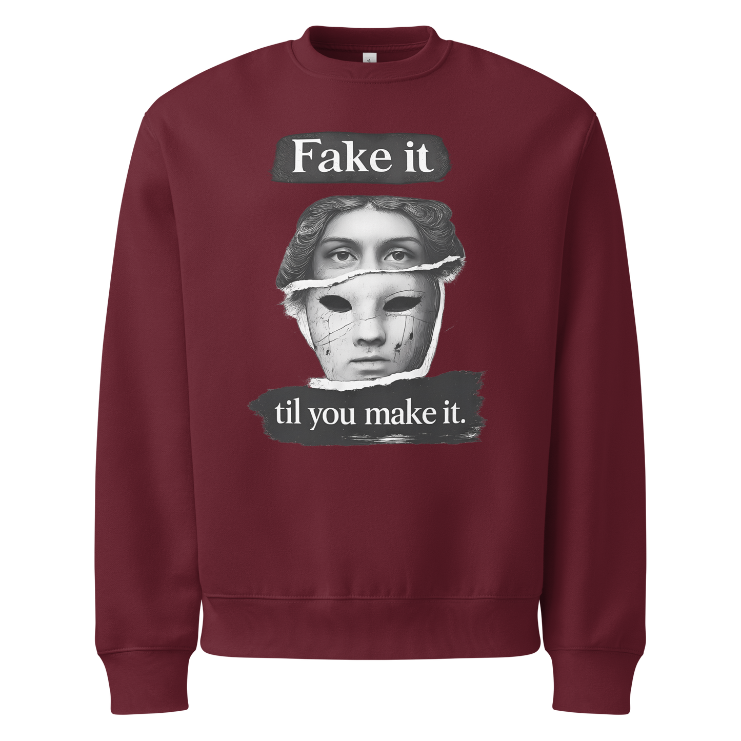 Burgundy unisex sweatshirt front view with illustrated face graphic and motivational text print, modern streetwear sweatshirt