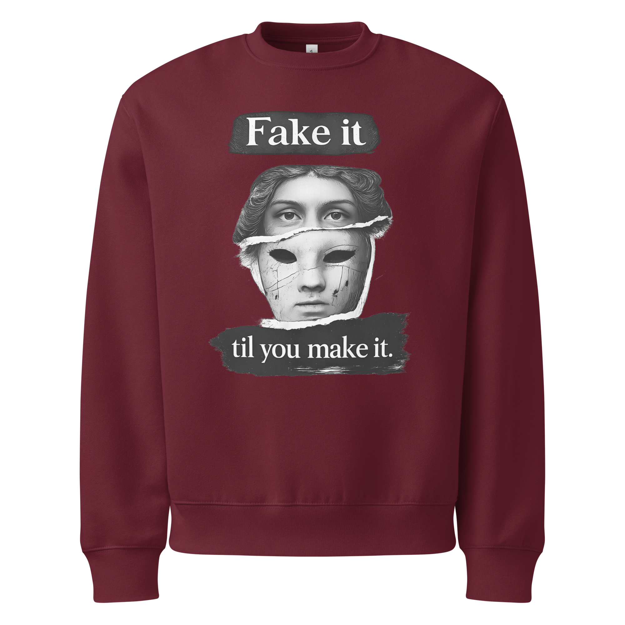 Burgundy unisex sweatshirt front view with illustrated face graphic and motivational text print, modern streetwear sweatshirt